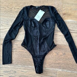 Zara Elegant Black Mesh Bodysuit